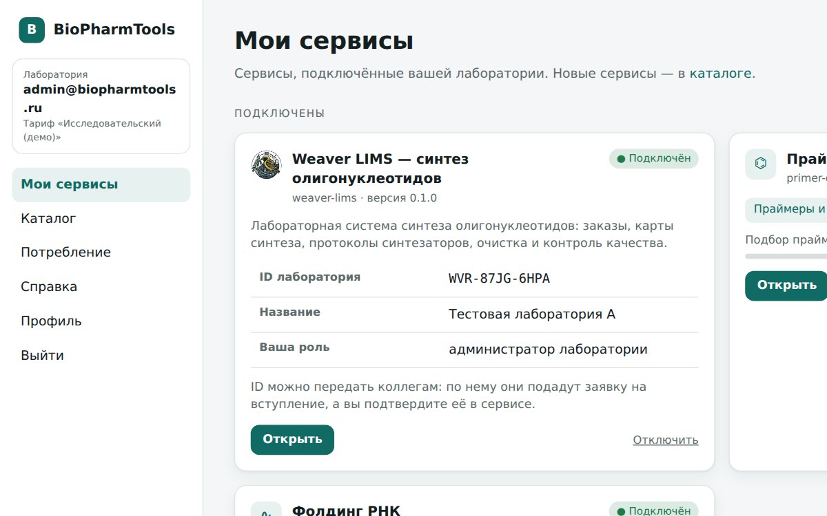 Личный кабинет платформы: подключённые сервисы лаборатории